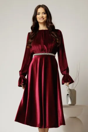 Rochie DY Fashion midi bordo din catifea cu perle pe talie
