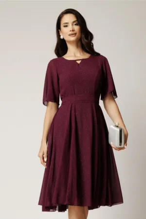Rochie DY Fashion midi bordo din voal in clos cu glitter si cordon in talie