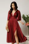 Rochie DY Fashion midi bordo din voal in clos cu tull la decolteu si crapatura pe picior