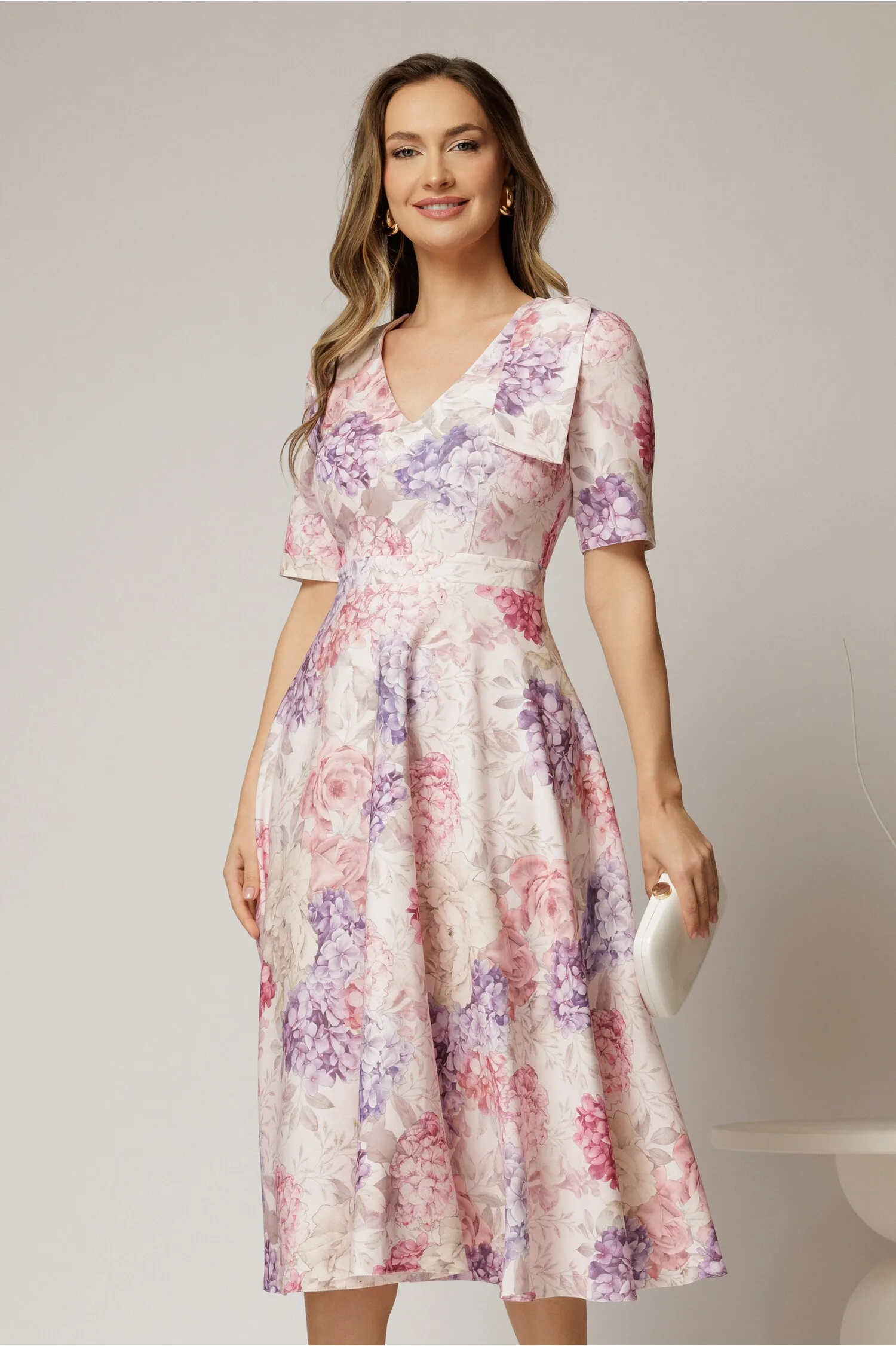 Rochie DY Fashion midi clos cu funda pe umar si print lila