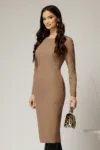 Rochie DY Fashion midi conica bej office cu nervuri
