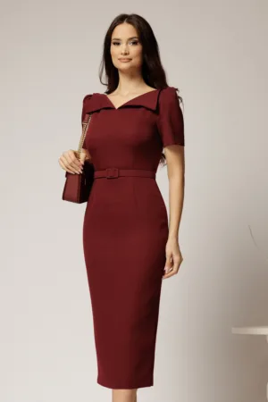Rochie DY Fashion midi conica bordo cu guler ascutit si curea in talie