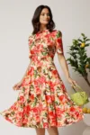 Rochie DY Fashion midi cu flori corai in clos din rayon si curea in talie
