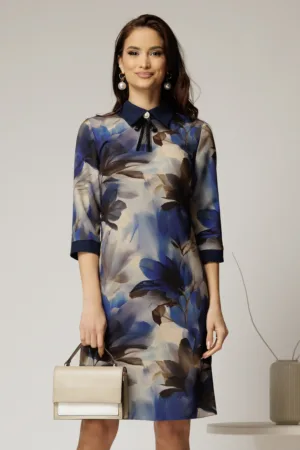 Rochie DY Fashion midi cu imprimeu albastru cu guler tip camasa