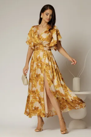 Rochie DY Fashion midi cu imprimeu galben mustar din voal satinat