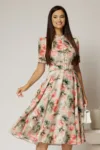 Rochie DY Fashion midi cu imprimeu kaki in clos din triplu voal cu nasturi la bust si curea in talie