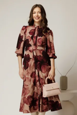 Rochie DY Fashion midi cu imprimeu magenta cu maneci bufante si curea in talie