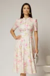 Rochie DY Fashion midi cu imprimeu roz in clos din triplu voal cu nasturi la bust si curea in talie