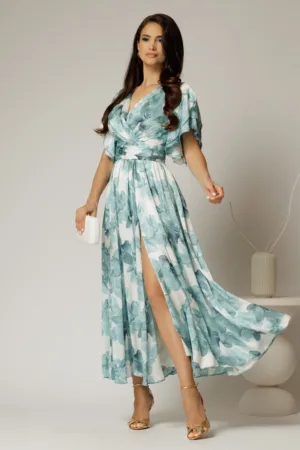 Rochie DY Fashion midi cu imprimeu turcoaz din voal satinat