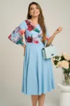 Rochie DY Fashion midi din crep bleu cu imprimeuri pe bust