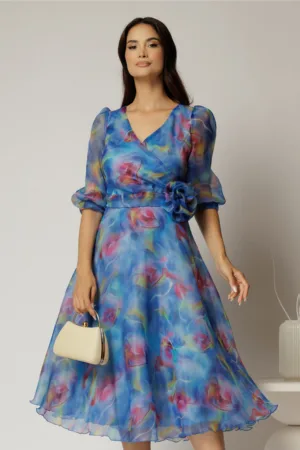 Rochie DY Fashion midi din organza cu imprimeuri albastre