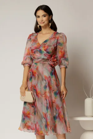 Rochie DY Fashion midi din organza cu imprimeuri oranj