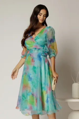 Rochie DY Fashion midi din organza cu imprimeuri turcoaz