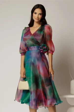 Rochie DY Fashion midi din organza cu imprimeuri verde fucsia