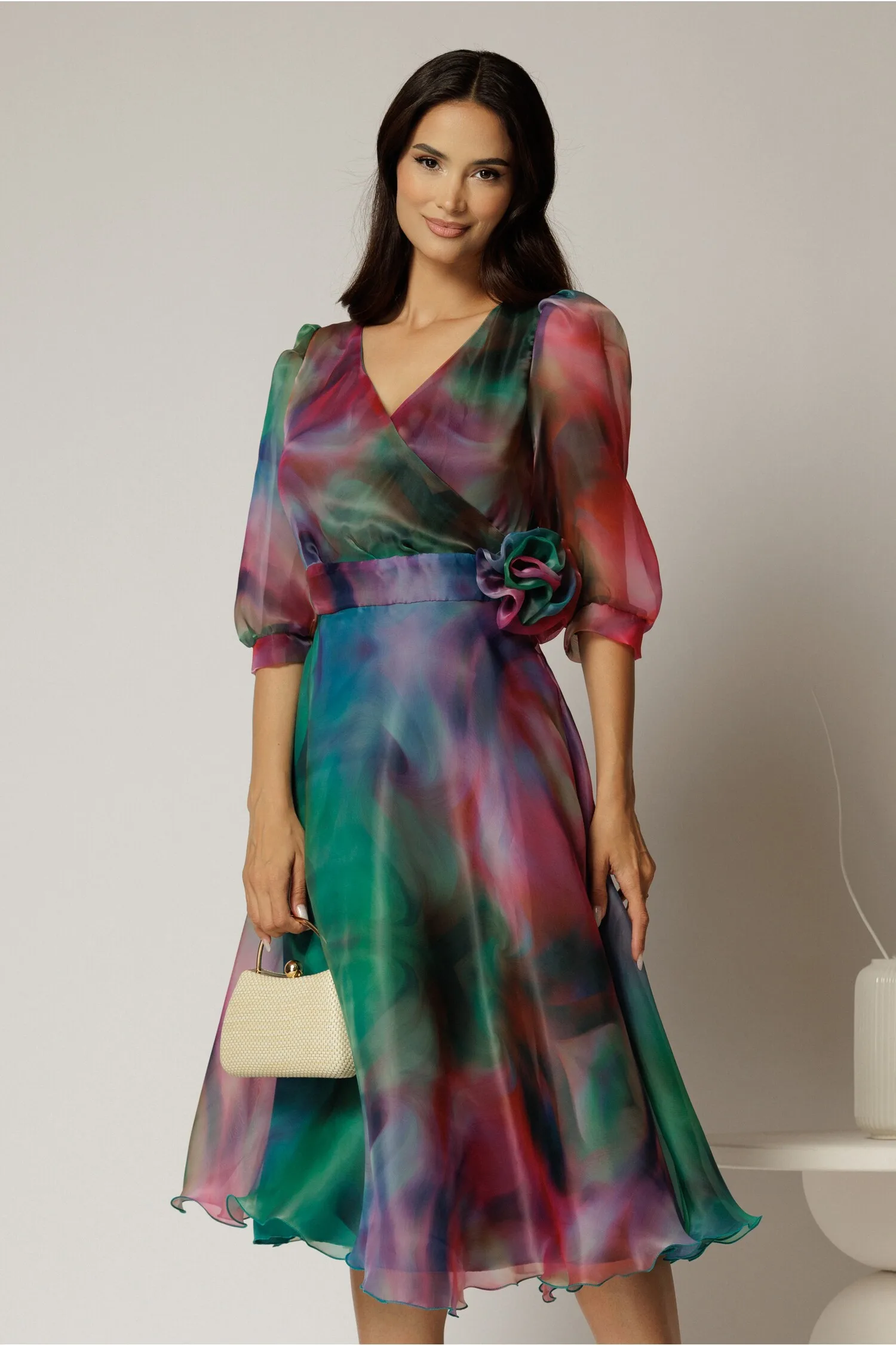 Rochie DY Fashion midi din organza cu imprimeuri verde fucsia