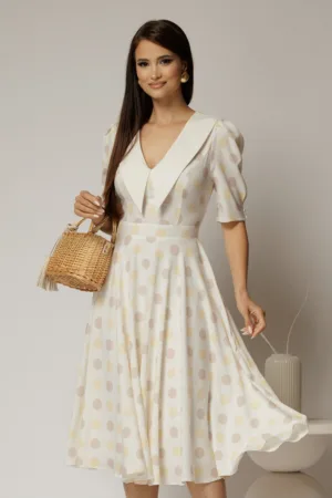 Rochie DY Fashion midi din triplu voal cu buline si guler ascutit si nasturi la maneci