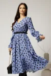 Rochie DY Fashion midi din voal bleu cu buline si curea in talie