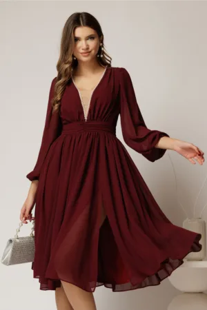 Rochie DY Fashion midi din voal bordo in clos cu perle si tull la decolteu