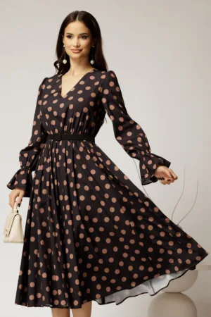 Rochie DY Fashion midi din voal negru cu buline si curea in talie