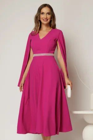 Rochie DY Fashion midi fucsia cu maneci lungi crapate si aplicatii in talie