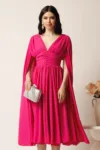 Rochie DY Fashion midi fucsia din voal in clos cu nasturi si maneci ample