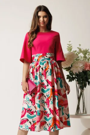Rochie DY Fashion midi fucsia in clos cu fusta din voal cu imprimeu
