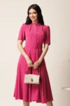 Rochie DY Fashion midi fucsia in clos din triplu voal cu nasturi la bust si curea in talie