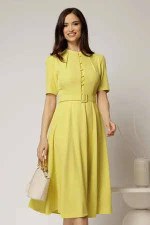 Rochie DY Fashion midi galben lime in clos din triplu voal cu nasturi la bust si curea in talie