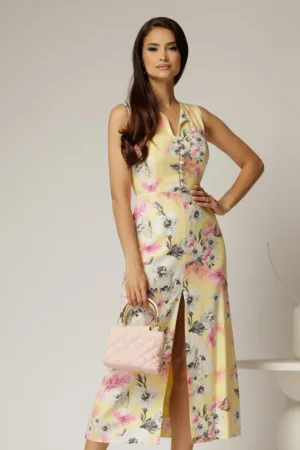 Rochie DY Fashion midi galbena cu imprimeuri din in cu nasturi pe bust fara maneci