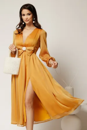 Rochie DY Fashion midi galbena din voal in clos cu funda maxi in talie