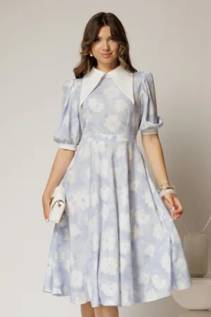 Rochie DY Fashion midi imprimeu floral bleu cu guler ascutit si maneci bufante