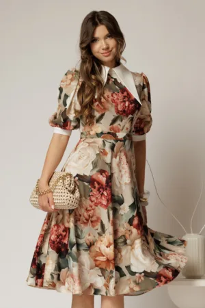 Rochie DY Fashion midi imprimeu floral rosu cu guler ascutit si maneci bufante