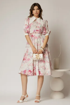 Rochie DY Fashion midi imprimeu floral roz cu guler ascutit si maneci bufante
