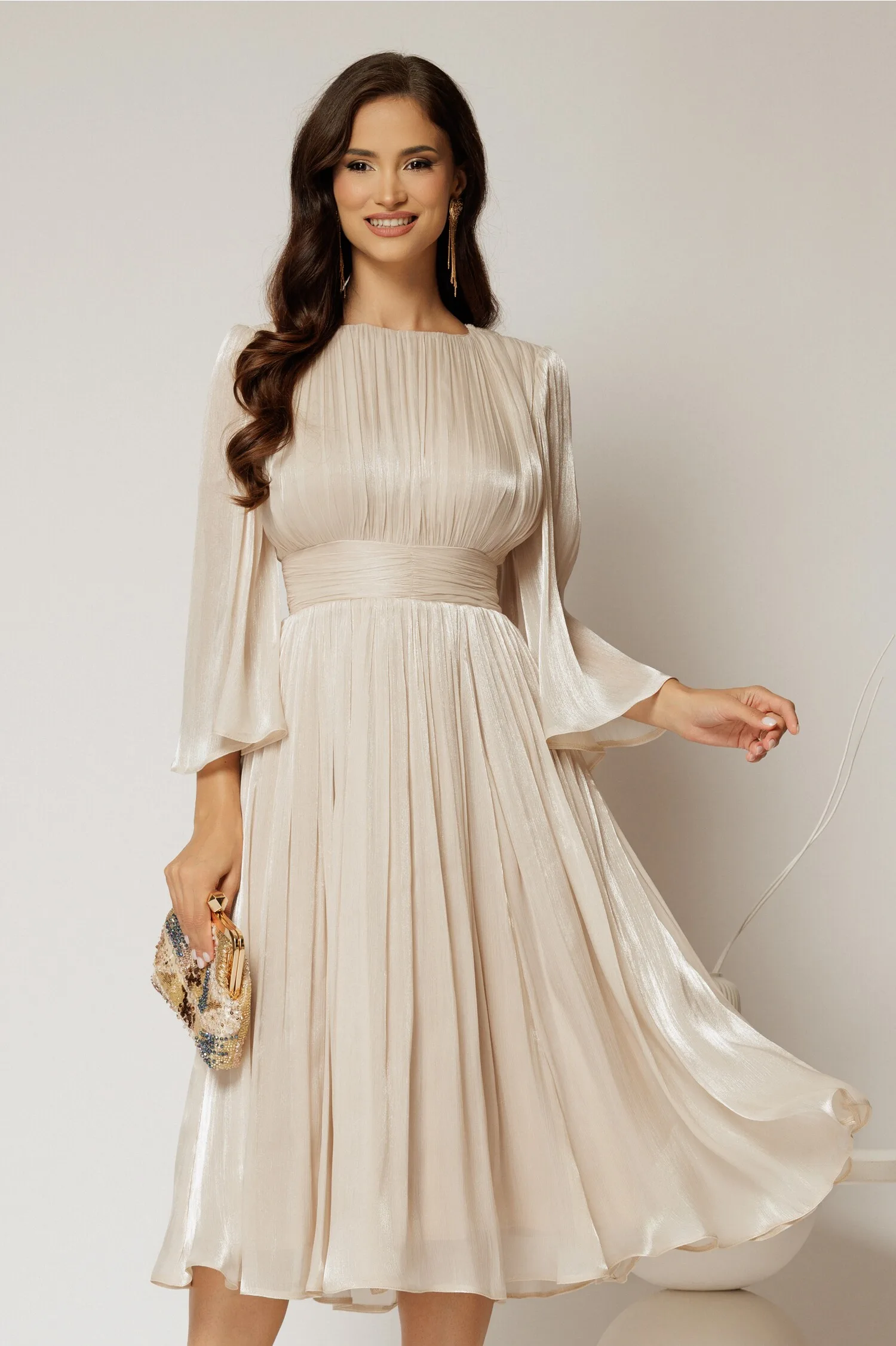 Rochie DY Fashion midi ivoar din voal peliculizat cu maneci ample