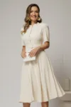 Rochie DY Fashion midi ivoar in clos din triplu voal cu nasturi la bust si curea in talie