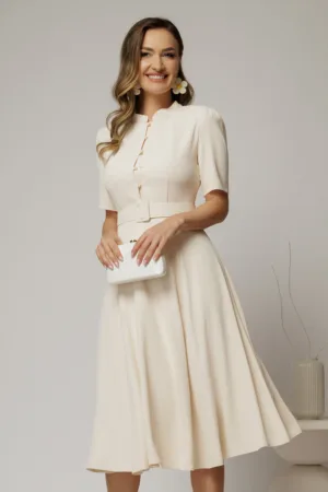 Rochie DY Fashion midi ivoar in clos din triplu voal cu nasturi la bust si curea in talie