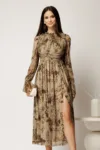 Rochie DY Fashion midi kaki cu imprimeu din tulle fin in clos cu crapatura pe picior