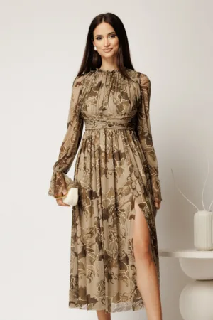 Rochie DY Fashion midi kaki cu imprimeu din tulle fin in clos cu crapatura pe picior