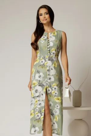 Rochie DY Fashion midi kaki cu imprimeuri din in cu nasturi pe bust fara maneci