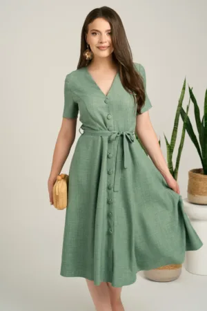 Rochie DY Fashion midi kaki din material fluid in clos cu nasturi si cordon in talie
