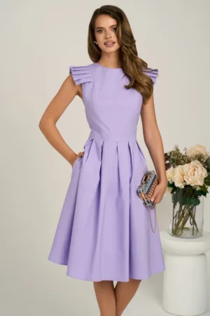 Rochie DY Fashion midi lila din poplin in clos cu volane la umeri