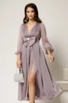 Rochie DY Fashion midi lila din voal in clos cu funda maxi in talie