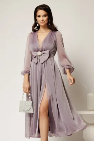 Rochie DY Fashion midi lila din voal in clos cu funda maxi in talie