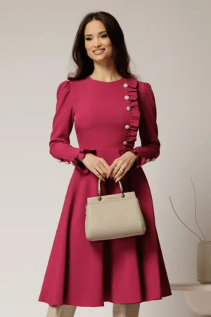 Rochie DY Fashion midi magenta cu nasturi si volanase la bust