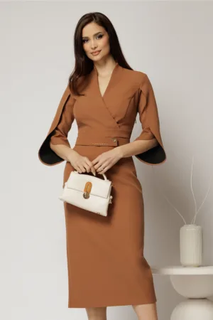 Rochie DY Fashion midi maro conica cu decolteu petrecut si maneci lalea