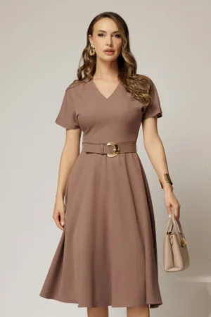 Rochie DY Fashion midi maro cu decolteu in V si curea in talie