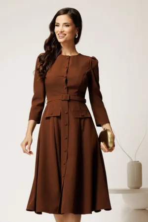 Rochie DY Fashion midi maro din stofa clos cu nasturi si curea