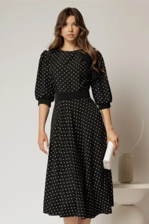 Rochie DY Fashion midi neagra cu buline si funda ampla pe umar