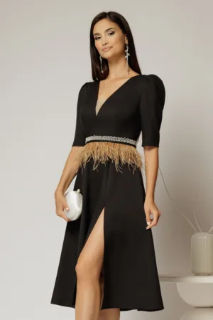 Rochie DY Fashion midi neagra cu cordon cu pene si perle in talie