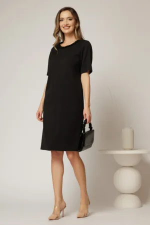 Rochie DY Fashion midi neagra cu impletitura la decolteu si adaos de viscoza